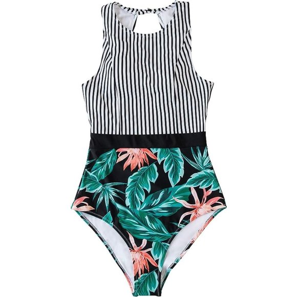 Cupshe Stripes & Leaves High Neck One Piece Swimsuit S - Picture 3 of 4